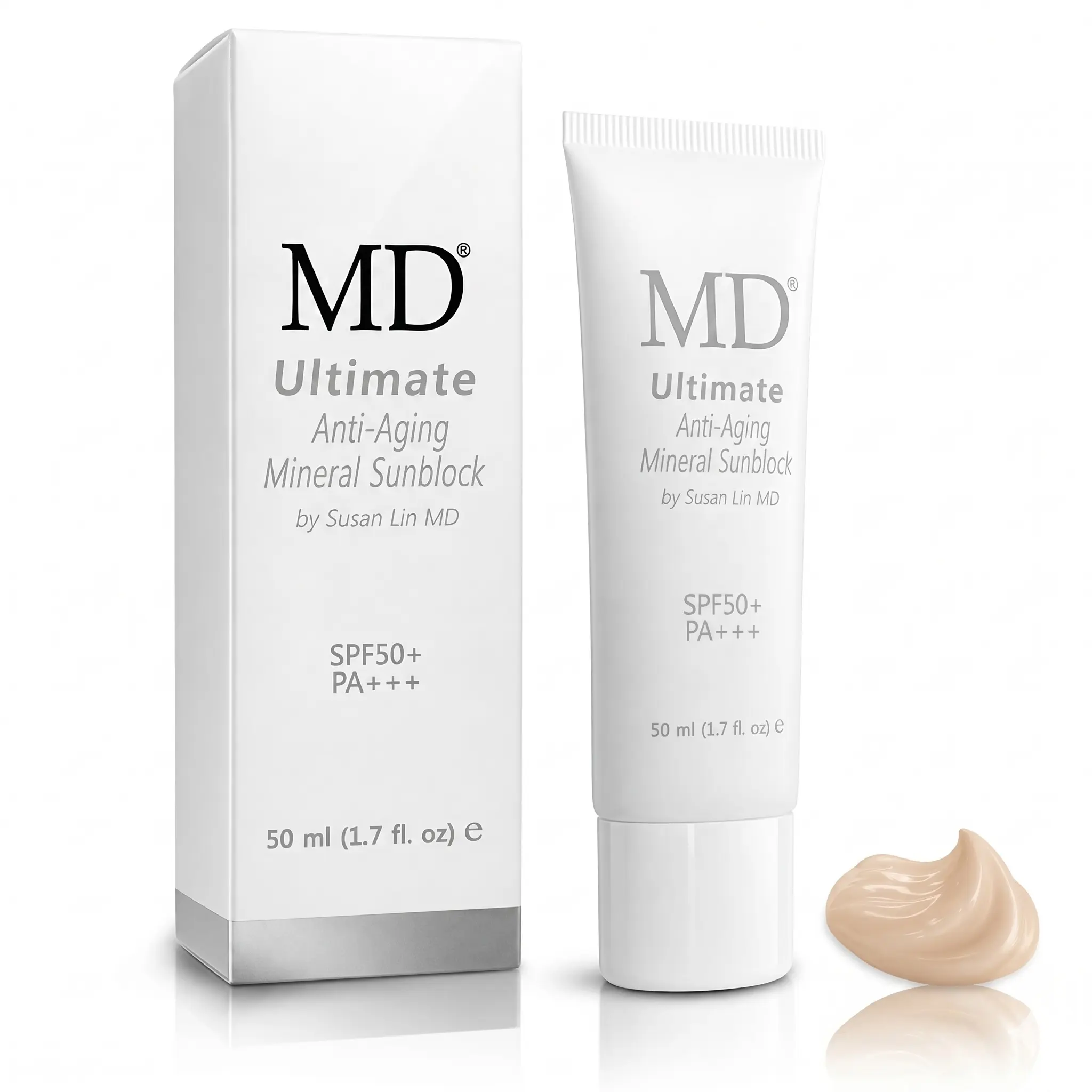 MD Tinted Mineral Sunscreen Cream - SPF 50/PA+++, 1.7 fl oz (50 ML) Waterproof Titanium-Infused Makeup Primer, Flawless Sunscreen for Face, Gentle Nourishing Brightening Anti-Age UV Protection, Fragrance-Free Lightweight for Sensitive-Skin Adults
