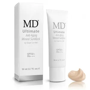 MD Tinted Mineral Sunscreen Cream - SPF 50/PA+++, 1.7 fl oz (50 ML) Waterproof Titanium-Infused Makeup Primer, Gentle Nourishing Brightening Flawless UV Protection for Sensitive-Skin Adults' Daily Facial Use, Anti-Aging Fragrance-Free Lightweight