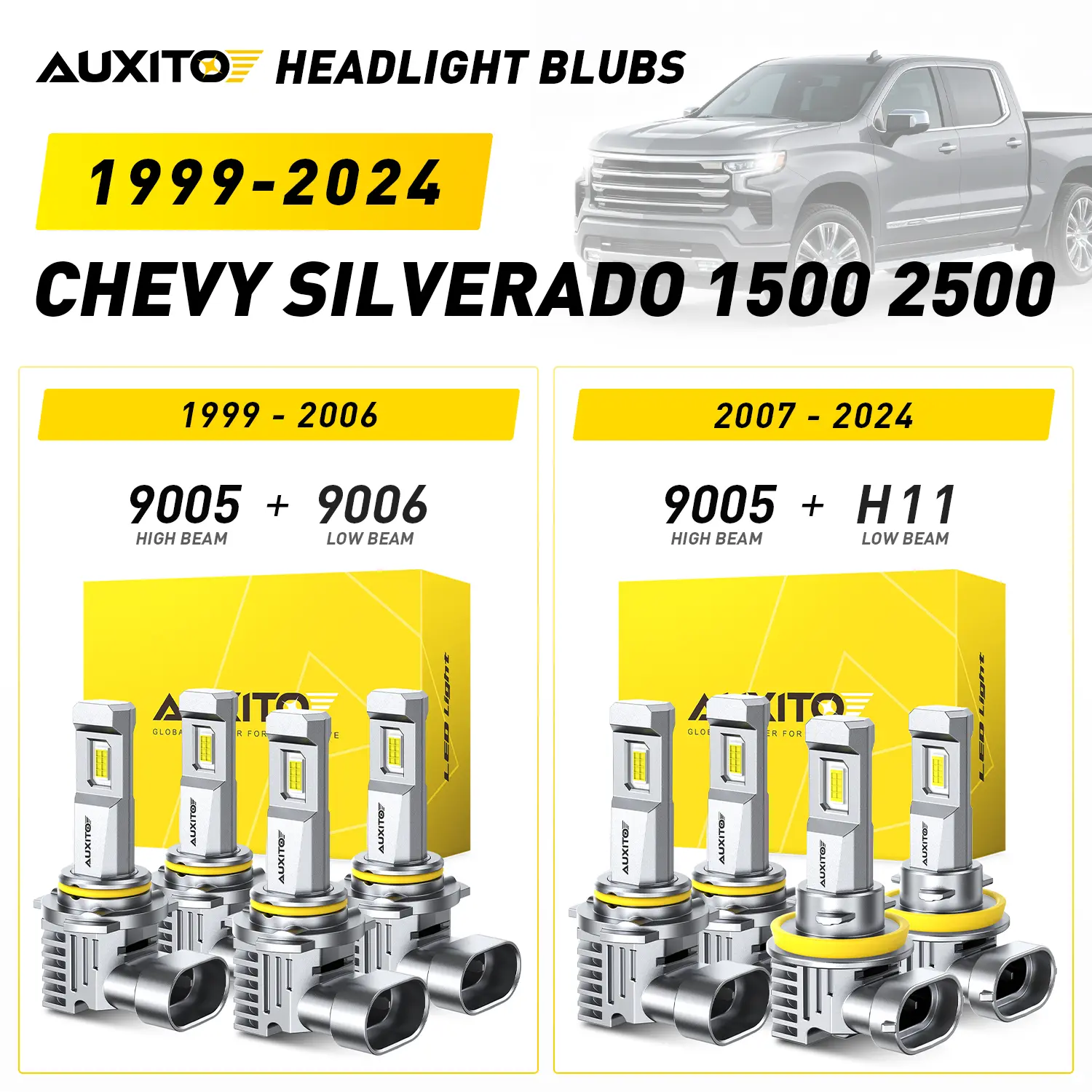 1999-2024 Chevy Silverado 1500 2500 AUXITO LED Headlight Bulbs, 9005/HB3 High Beam, 9006/HB4 (1999-2006) & H11 (2007-2024) Low Beam, 30000LM 6500K Cool White, Anti-glare,CANBUS Ready,No error,No Flickering, Plug and Play