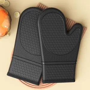 2 Pack Silicone Oven Mitts, Heat Resistant Cooking Gloves with Cotton Lining, Non-Slip Grip, Black