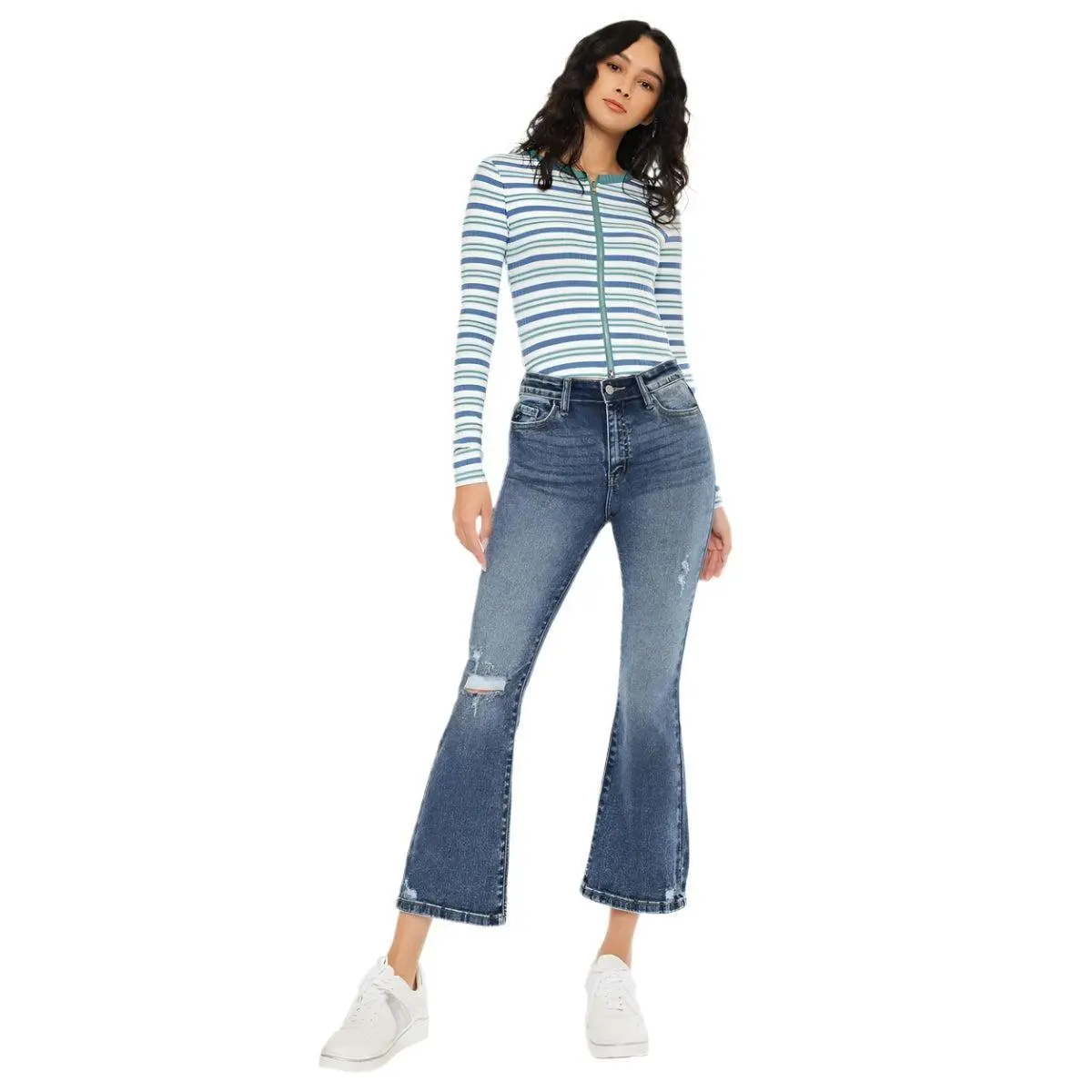 Kancan - Miley High-Rise Cropped Flare Jeans (26" Inseam) - KC20057D, Denim, Cotton, Spandex, Bottom, Button, Casual