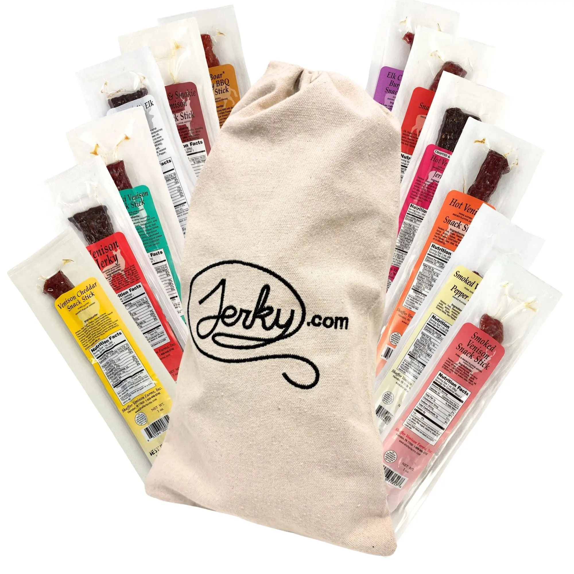 Jerky.com 12 pc Exotic Jerky Gift Basket Venison Elk Buffalo Wild Boar Snack Sticks in Embroidered Canvas Bag High Protein Healthy Dried Snacks for Men Boyfriend TikTok Shop Gifts