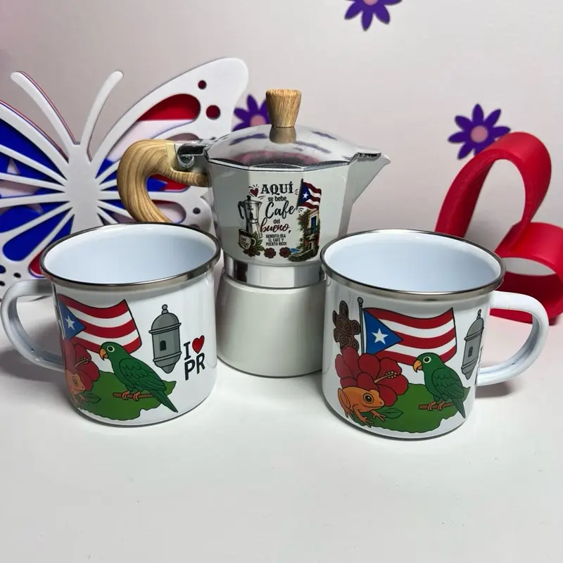 Personalized Puerto Rican Coffee Set - Stovetop Espresso Maker, 2 Puerto Rico Enamel Mugs