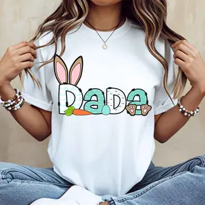 100% pure cotton Easter Bunny Ears And Carrot Dad Print T Shirt White Crew Neck Casual Top For Easter Celebration