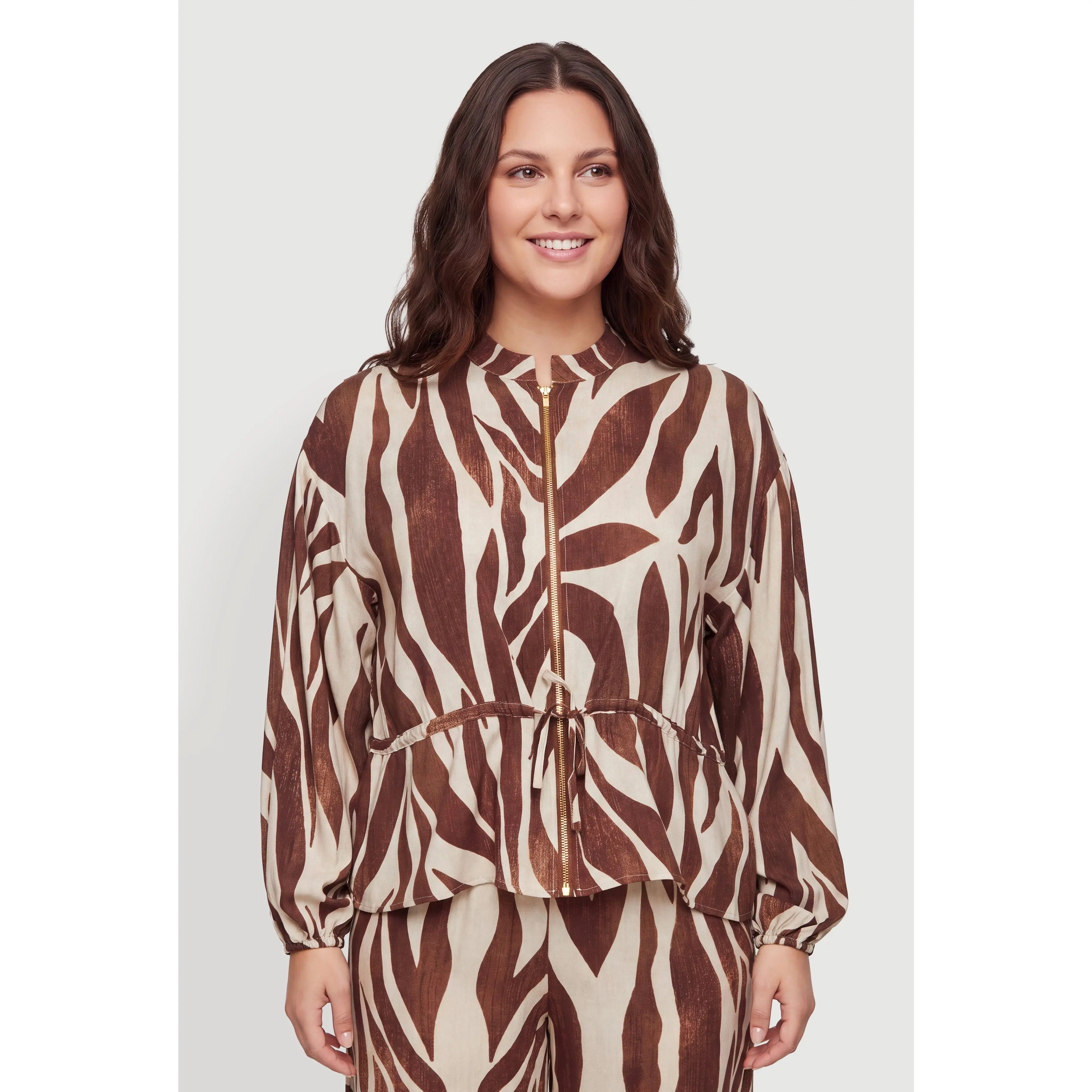 Plus Size Animal Print Drawstring Waist Zip Front Blouse
