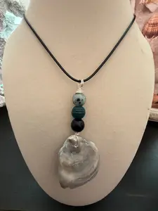 Earthy Oyster & Tide – Flat Oyster Shell Necklace with Stone Bead Stack
