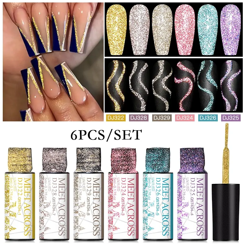 6pcs Reflective Glitter Nail Liner Gel Set, Nail Gel Art, Superflash Spark French Style Pull Line Graffiti Painting Stripe Gel Soak Off Gel Varnish, Long-Lasting Professional Salon Quality, Perfect Gift for Nail Manicure Lovers, Color Gel Polish