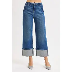 RISEN High Rise Ankle Wide Rhine Stone Cuffed Jeans