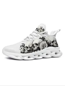 Plus Size Men's Low Top Sneakers, Gothic Skull Design Streetwear Lace-Up Training Shoes, Comfortable Casual Trainers, Sports Shoes for All Seasons