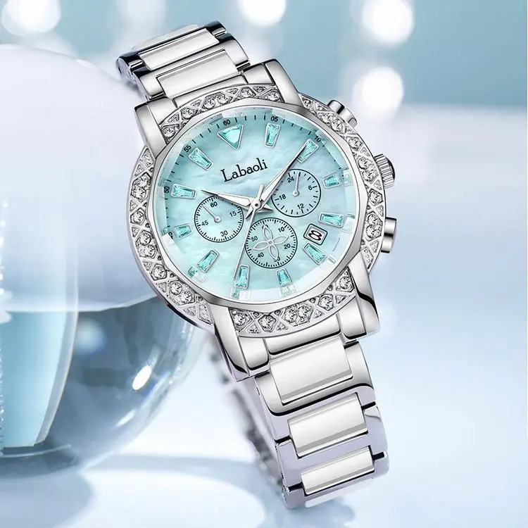 Women's Elegant Dress Quartz Watch - Stainless Steel Chronograph, Date Window, Diamond-Accent Bezel, Light Blue Mother-of-Pearl Dial, Dress Watches, Round Face, Date Display, Diamond Bezel, 3D Diamond-Crystal Quartz Watches