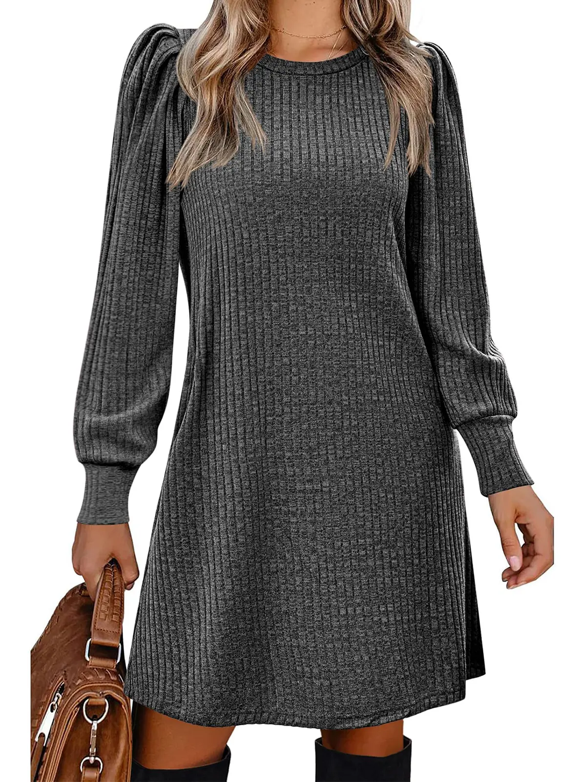 Women's Dress Fall Winter Knit Puff Long Sleeve Pullover Casual Dresses with Pockets Fit Fashion