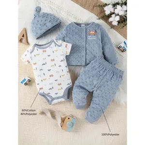 4pcs Autumn And Winter Baby Triangle Jumpsuit, Cartoon Car Velvet Long-Sleeved Hat, Baby Boy Suit Trousers, for Outdoor, Halloween Costumes And Clothes