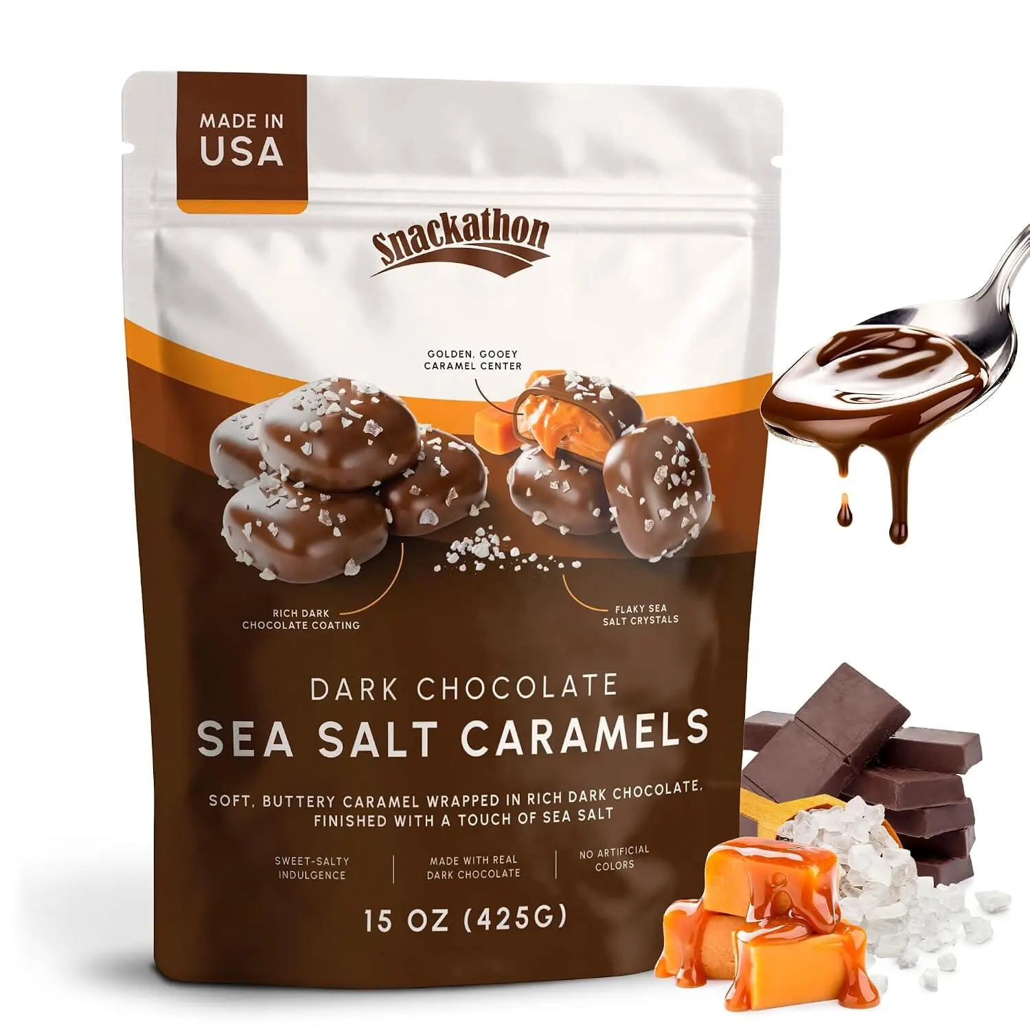 Snackathon Dark Chocolate Sea Salt Caramels, Rich Chocolate Covered Caramel Made in Small Batch, Gourmet Sweet & Salty Treats in Resealable Snack Bag, Perfect for Gifting