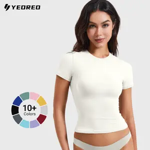 YEOREO Women Fitted Workout Tops Short Sleeve Double Lined Basic Y2K Going Out Crew Neck Compression Crop Top SpringStatements Style