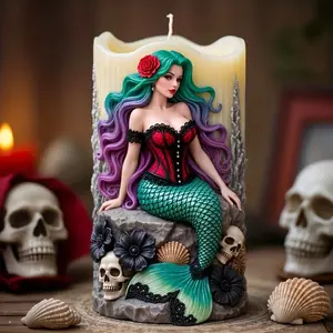Elegant Mermaid Relief Candle Mold with Rose Skull Seat Design, Handmade Scented Wax Silicone Handicraft Mould for DIY Aromatherapy Candles