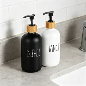 Glass Soap Dispenser Set with Bamboo Tray, Matte Black Dish and Hand Soap Bottles for Kitchen Sink, 2 Count