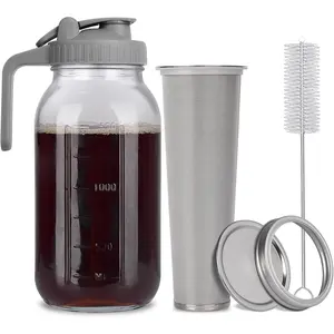 Cold Brew Mason Jar iced Coffee Maker, Durable Glass, - 64 oz (2 Quart / 1.9 Liter), With Handle& Stainless Steel Filter for Iced Brew Coffee, Lemonade, Ice , Homemade Fruit Drinks Container