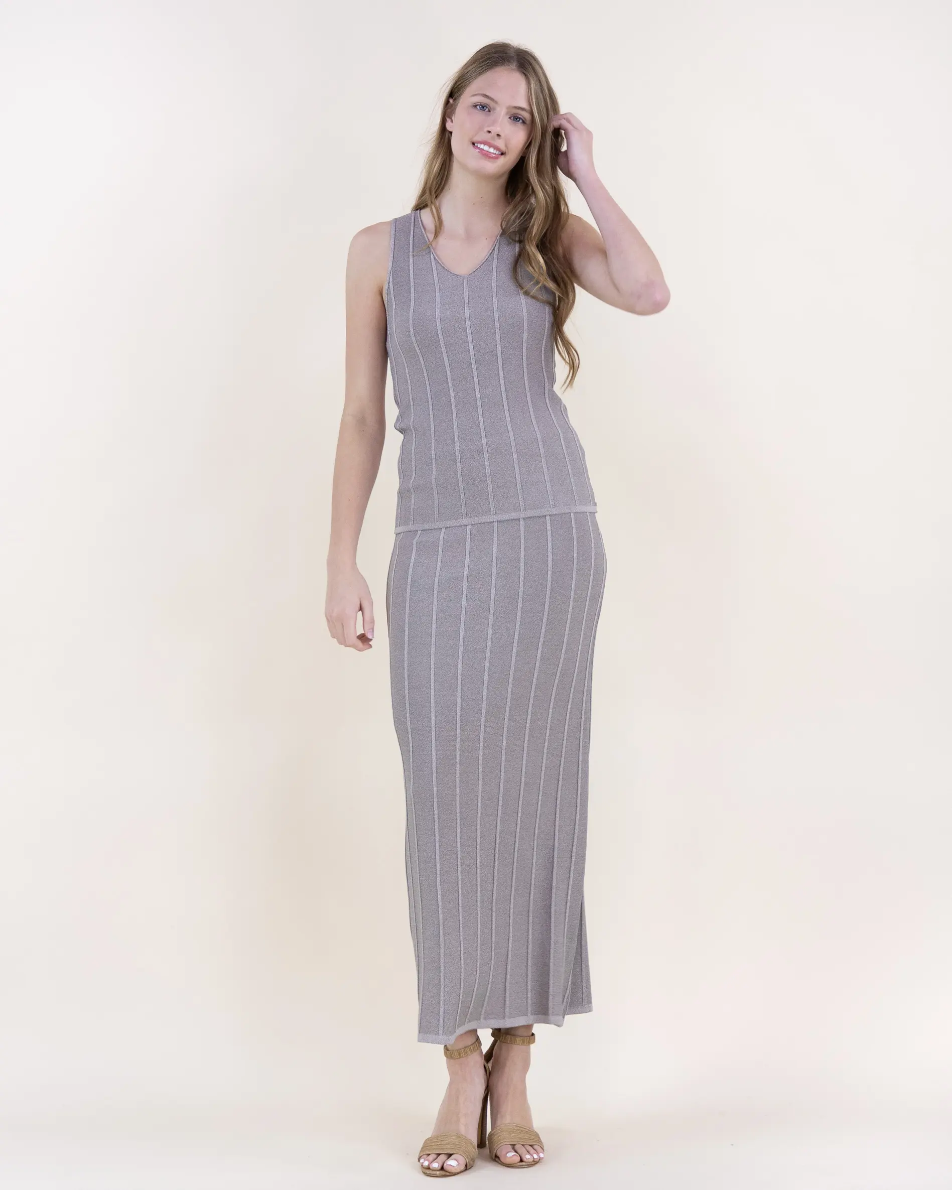Two-Piece Set Neutral Wide Ribbed V-Neck Tank Top & High-Waisted Midi Skirt Brown Womenswear Fitted Clothes