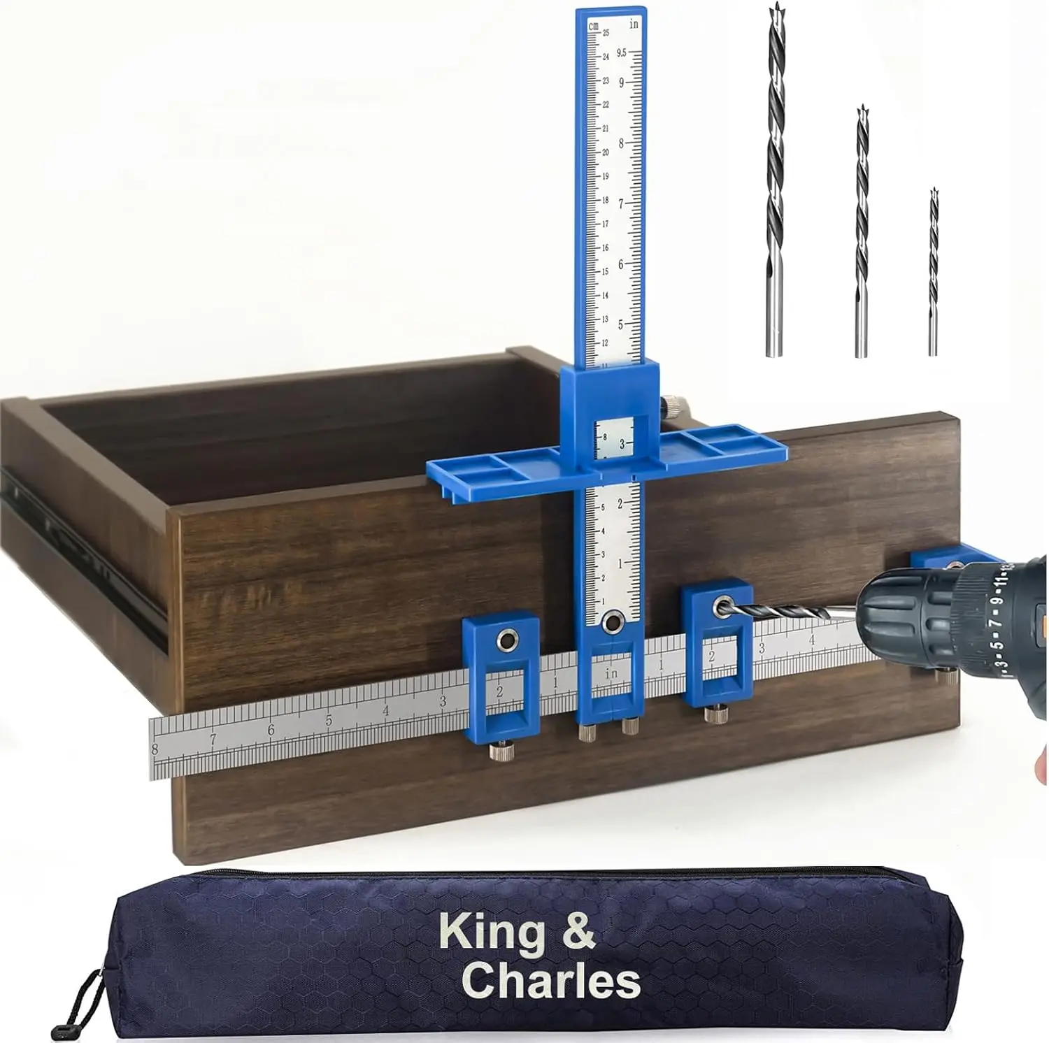 King&Charles Cabinet Hardware Jig - ABS Wood Drilling Dowelling Guide Set with 4mm & 2 Extra Point Wood Drill Bits, for DIY Projects, Construction Workers, Drawer/Door Handles Pulls Knobs, Splittable into Small Parts, Can Be Split Into Small Parts