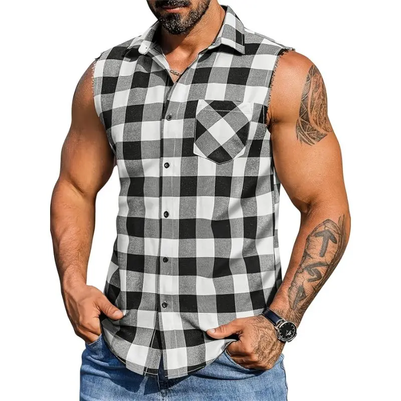 Men's Sporty Chic Plaid Sleeveless Top - Flannel Collar, Casual Fit, Outdoor Sport Beach Wear, Machine Washable, Red & Black Checkered Streetwear, Standard Sizes