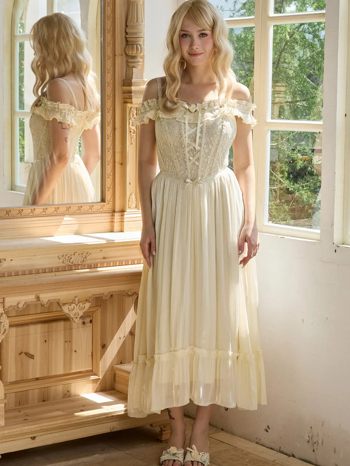 Blanche Garden Corset Dress-French Garden Corset Midi Dress, Soft Cream Chiffon, Lace Trim, Romantic Off Shoulder, Flowy Skirt, Vintage Princess Style, Summer Picnic Outfit, Elegant Vacation Dress for Women