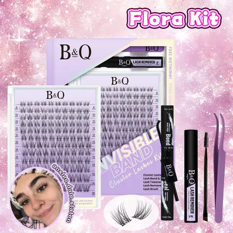 B&Q Flora Lash Cluster Kit with Fibers - Waterproof, Nature-Inspired, Airy Wispy Fluffy Look, Featherlight Feel, C/D Curl, Invisible Band, 8-18mm, Beginner-Friendly Makeup Eyelash Extensions, Beauty Products for At-Home Use #SohoChic