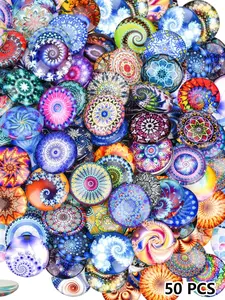 50pcs Glowing Glass Stones with Random Prints, 25mm Mosaic Dome Beads, Round Convex Stones for DIY Jewelry Making & Decoration