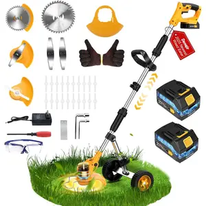 Weed Wacker Weed Eater Battery Powered 21V, Brush/String Trimmer/Grass Trimmer/Lawn Mower, 6 inch Lightweight Edger Stringless Weed Trimmer with Wheel & Blade,2 Battery