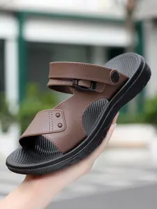 Men's Casual Open-Toe PU Leather Sandals, Medium Width, Comfortable Non-Slip, Indoor Outdoor, Plain Color, Two-Way Wear, Large Size