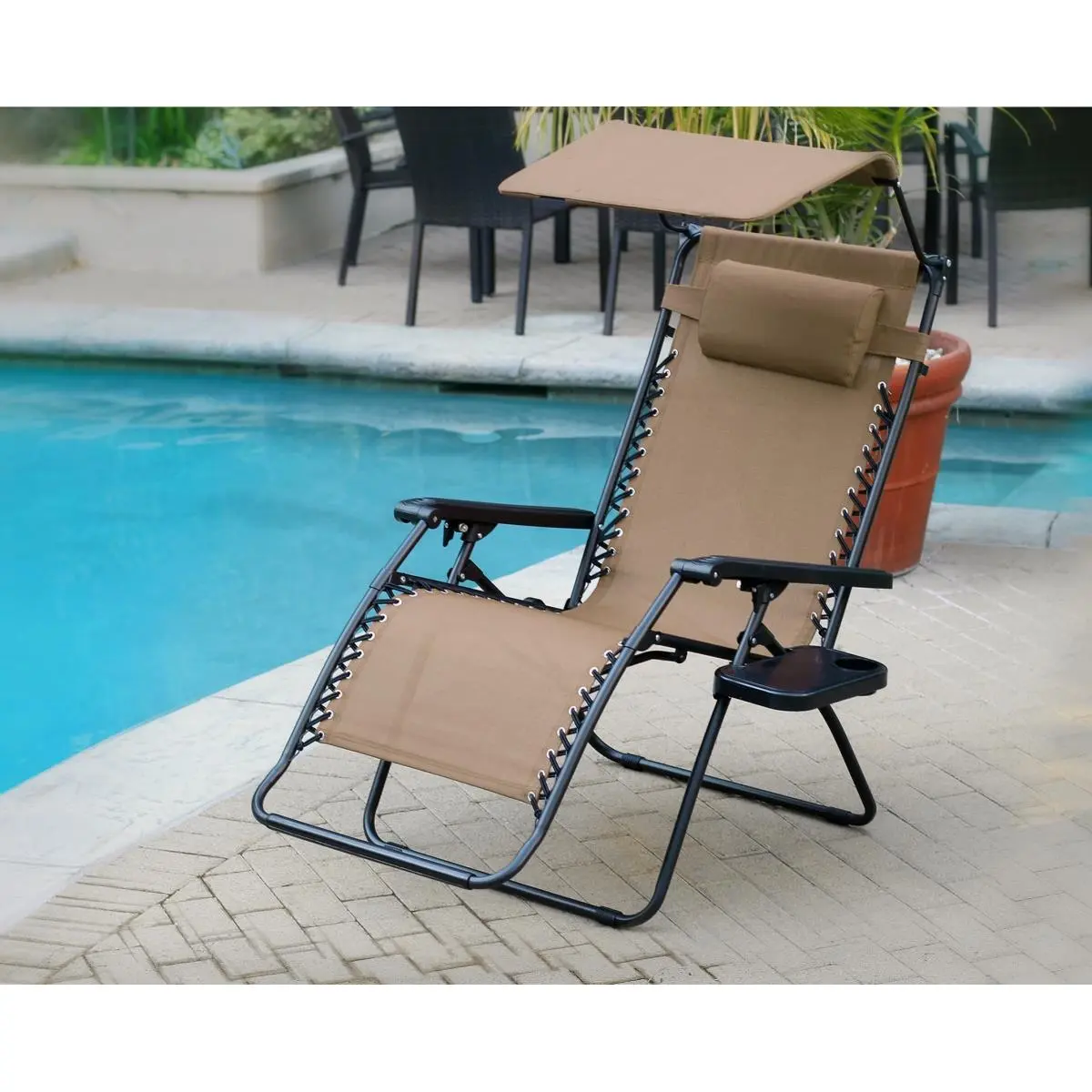 212 MAIN Single-Seat Oversized 0 Gravity Camping Chair with Frame - Tan, Lightweight, Adjustable, Foldable, Relaxing Lounger with Sunshade, Drink Tray, Comfy Design, Portable for Outdoor Camping, Beach