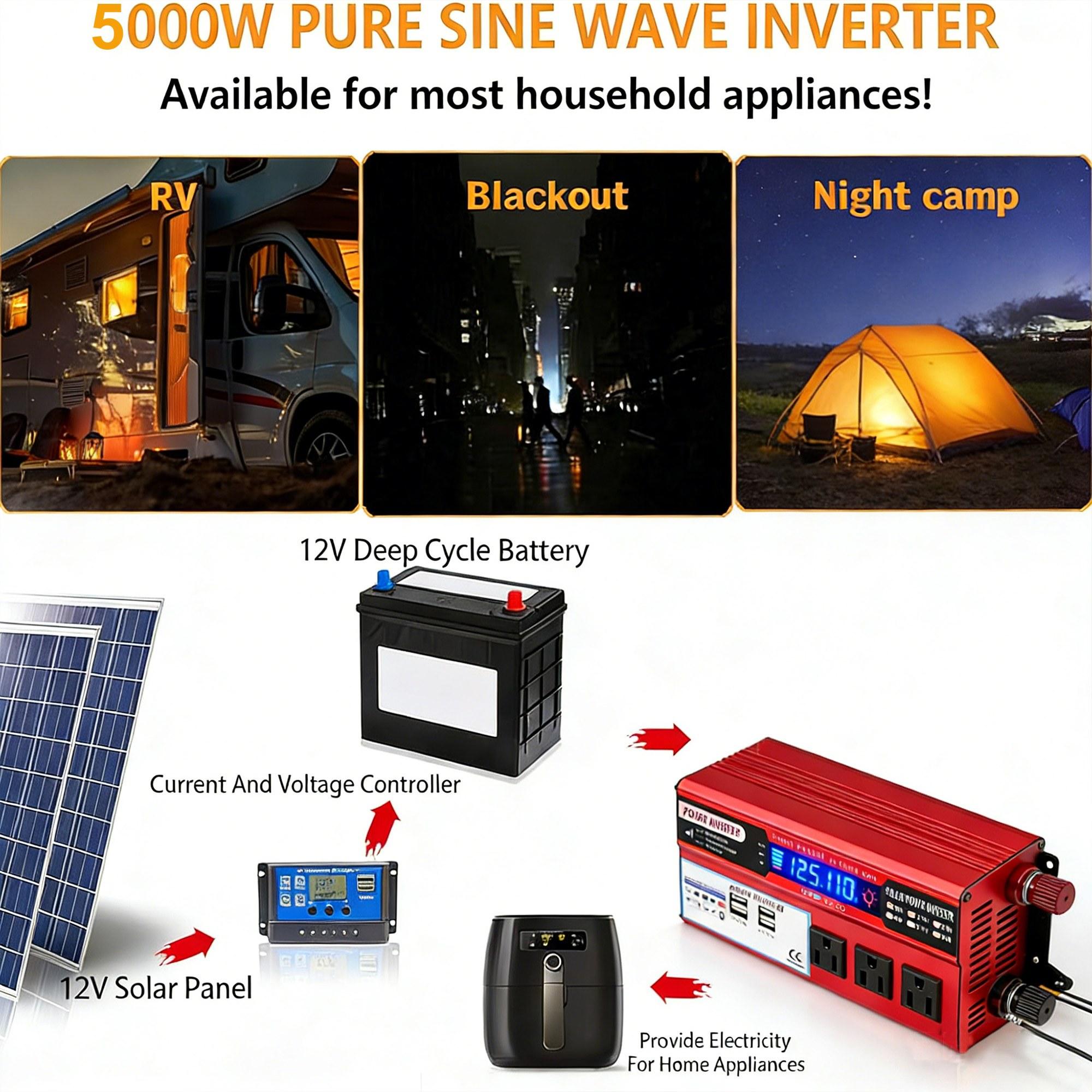 5000W Peak Car Power Inverter DC 12V to 110V AC Converter, Heavy Duty Modified Sine Wave Inverter with 3AC Outlets & 4USB Ports, Portable Car Charger Adapter for RV Truck Camping Travel Emergency Power Supply 5000W Peak Car Power Inverter DC 12V to 110V AC Converter, Heavy Duty Modified Sine Wave Inverter with 3AC Outlets & 4USB Ports, Portable Car Charger Adapter for RV Truck Camping Travel Emergency Power Supply