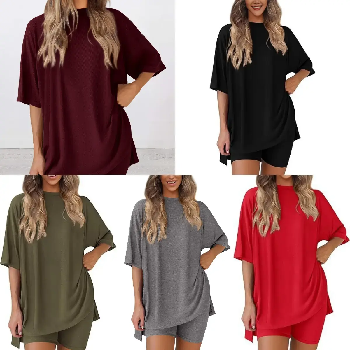 Casual Summer Matching Outfit Set for Her, Oversized V Neck T-Shirt and Slim Biker Shorts, Versatile Comfort Loungewear for Vacation Sports