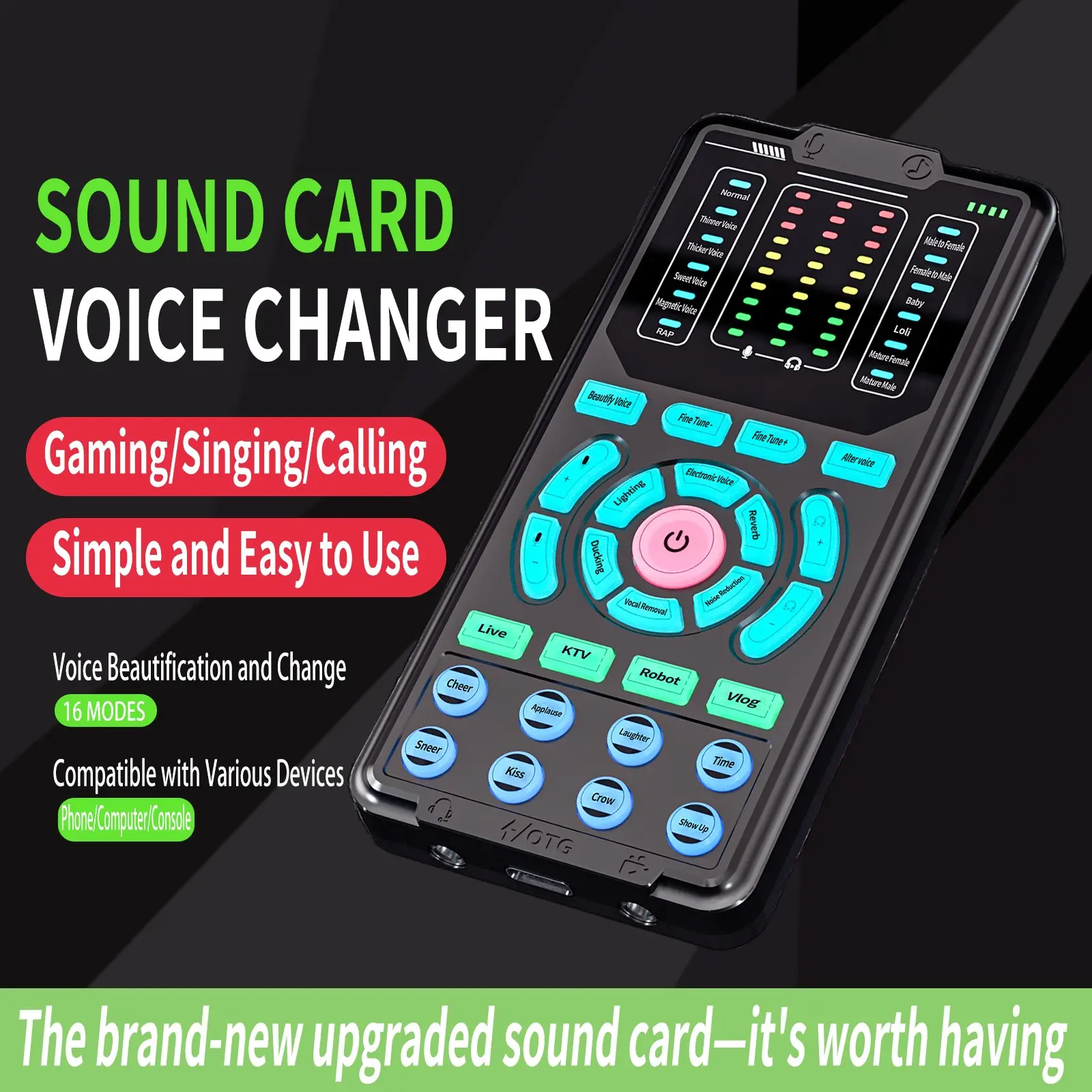 G9 Portable Voice Changer, Live Handheld Digital Universal Sound Card, 16 Voice Effects for Gaming and Streaming, Compatible with Phone, PC, Xbox, Ps5, Complete Podcast Kit