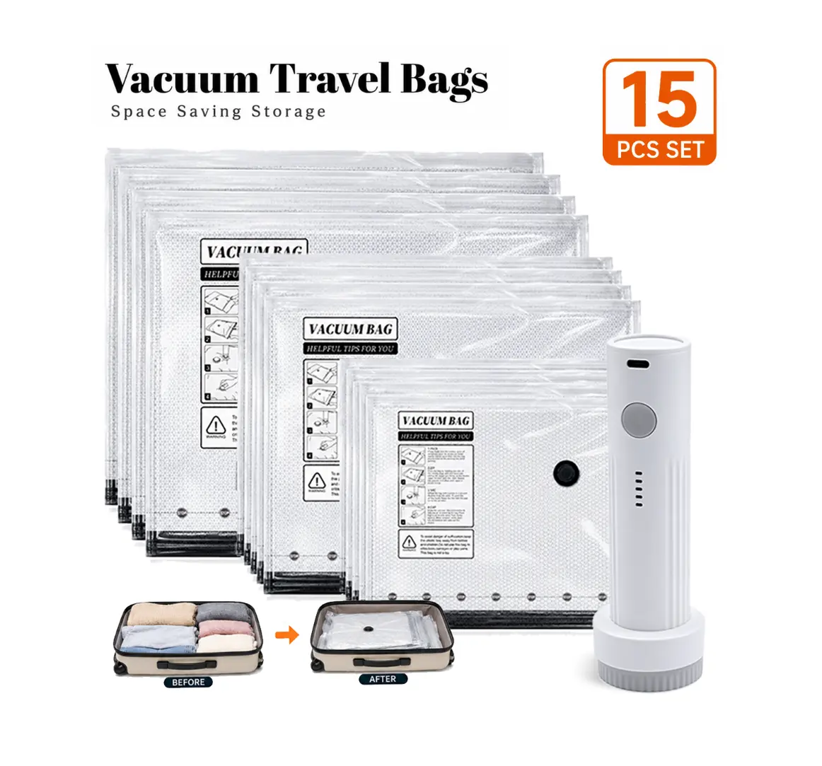 【2026 Upgraded】Multi-Size Cordless Vacuum Compression Bag Set - 9/15 Pcs for Carry-On Suitcases, USB Charge Portable Travel Accessories - Built-In Battery Handheld Slim Pump Fits Handbags & Backpacks, Durable Zipper Pouches Lightweight Home Organizer