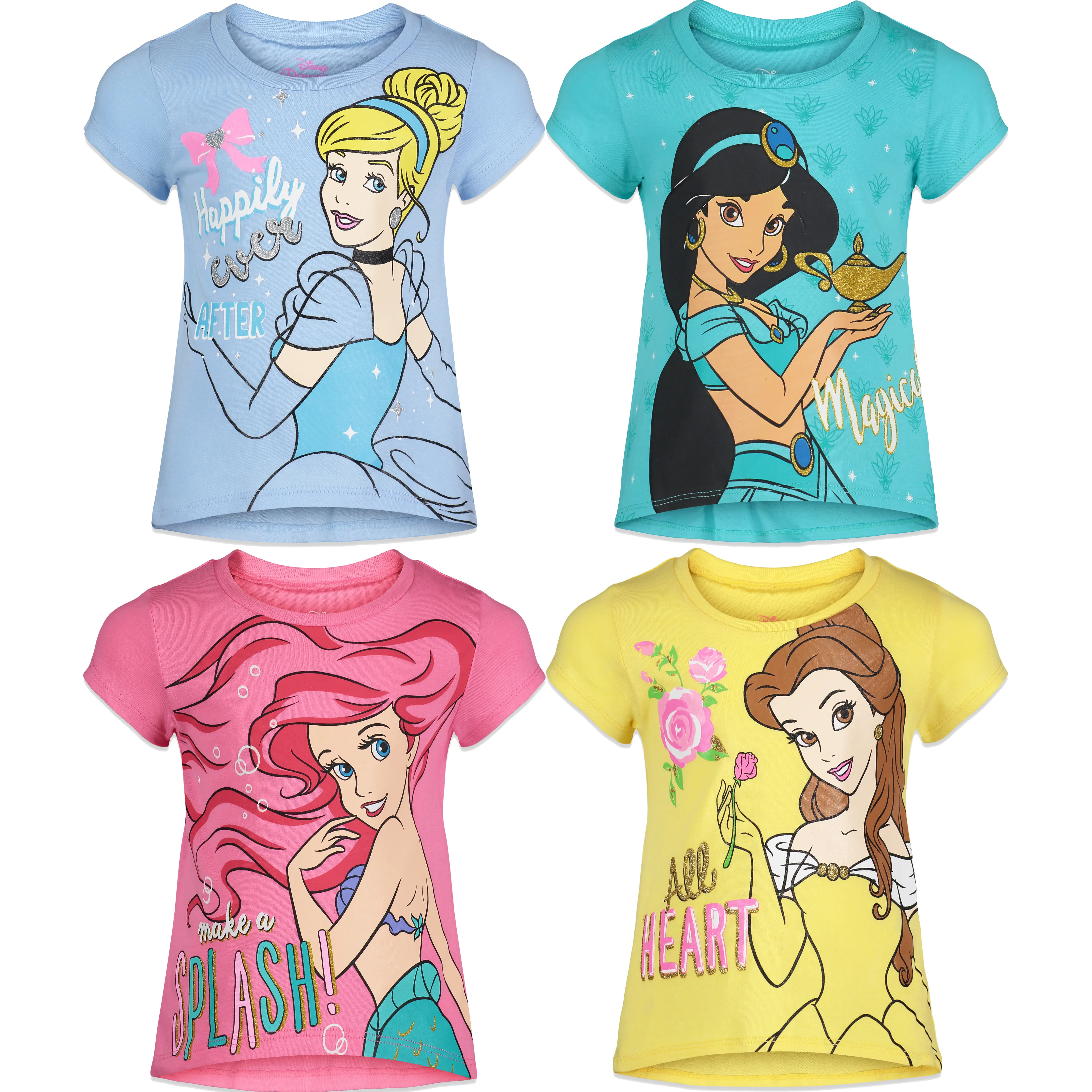 Disney Princess Girls' 4-Pack Cotton Pull-On Graphic Short Sleeve T-Shirts, Breathable Glitter Cosplay Dress-Up Prints, Princess Purple Peach, All Seasons, 2T-3T Toddler to Big Kid Tops