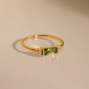 Agate Baguette Ring by Caitlyn Minimalist - Dainty Green Moss Agate & Diamond Gemstone Ring in 18K Gold Finish - Minimalist Promise Ring - Gift for Girlfriend