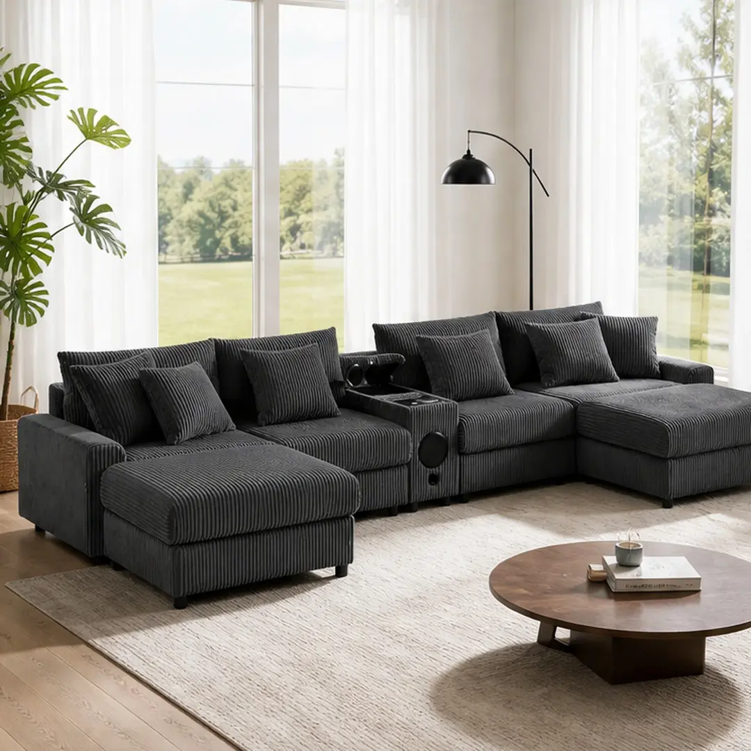 Corduroy U-Shaped Sectional Sofa with Bluetooth Speakers, USB Charger, Cup Holders, Storage Ottoman, 6-Seat Deep Wide Cloud Couch for Living Room, Apartment, Dark Gray/Cream Options, 141.5x64x32.5in, Cream/Dark Gray Color Options