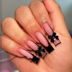 Best Seller 24Pcs Long Coffin French False Nails with Glue Bow Diamond Stick on Press on Acrylic Nails Black Ballerina Nail Art Manicure Tip
