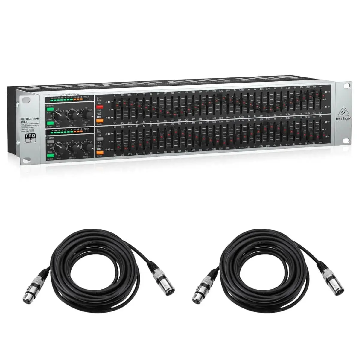 Behringer ULTRAGRAPH PRO FBQ3102HD Pro Audio Dual Channel 31-Band Stereo Graphic Equalizer - Adjustable, Noise-Reducing Audio Equipment with 2x 25' XLR Microphone Cables for Subwoofer Integration