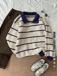 Autumn Winter Striped Polo Neck Long Sleeve Pullover Sweater, Fashionable Lazy Casual Loose Fit Knitwear, Versatile Style, Tops, Womenswear, Lady, Piece