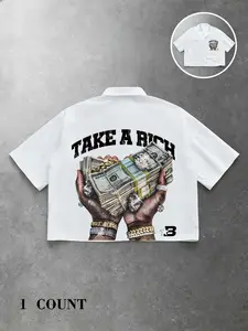 Unisex "Take A Risk" Money Graphic Print Button Up Shirt, Hip Hop Streetwear, Cuban Collar Short Sleeve, Summer Beach, Music Festival, Street Party & Urban Casual Outfit