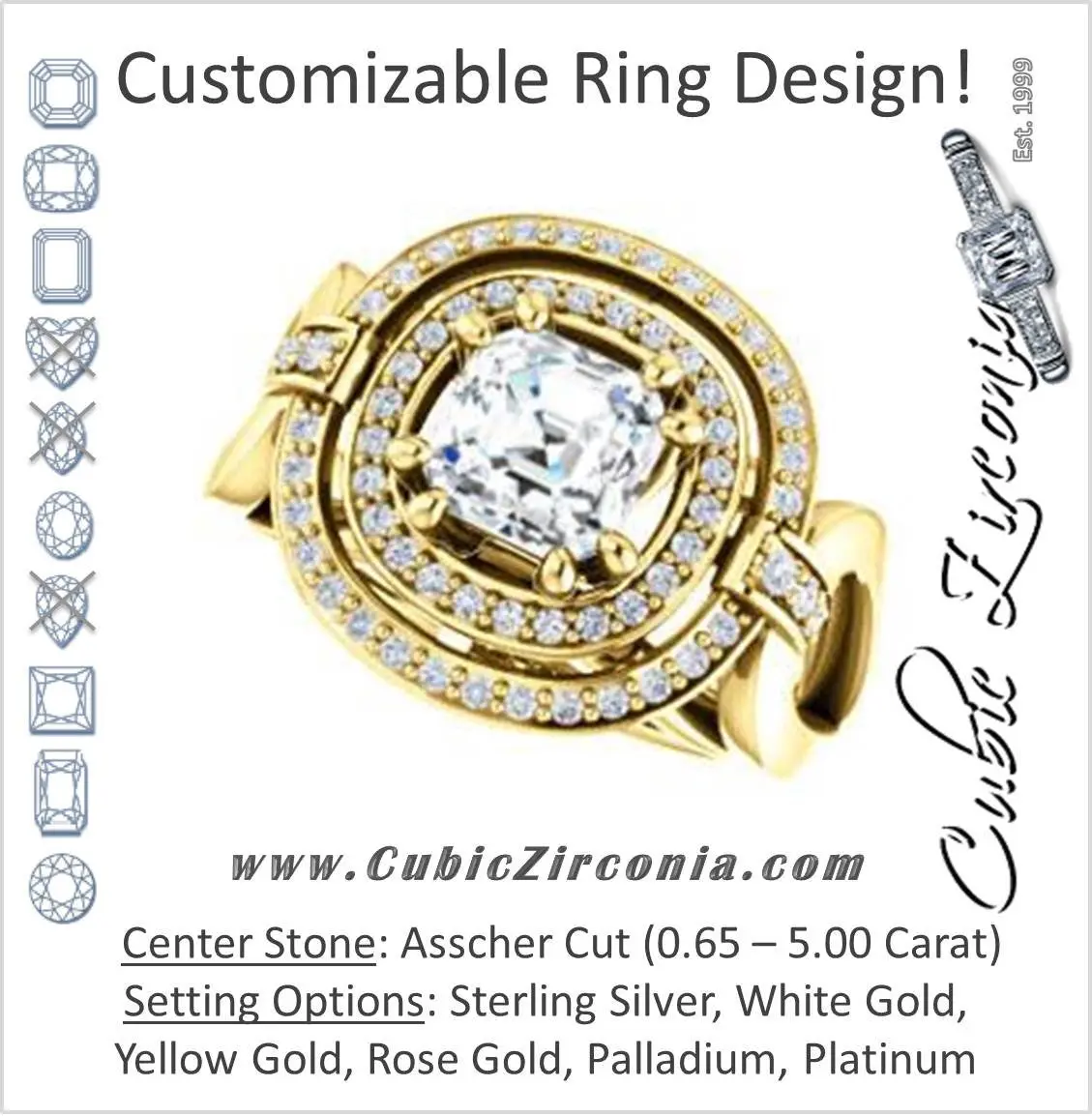 Cubic Zirconia Engagement Ring- The Kandie Lue (Customizable Cathedral-set Asscher Cut with 2x Halo and Prong Accents)