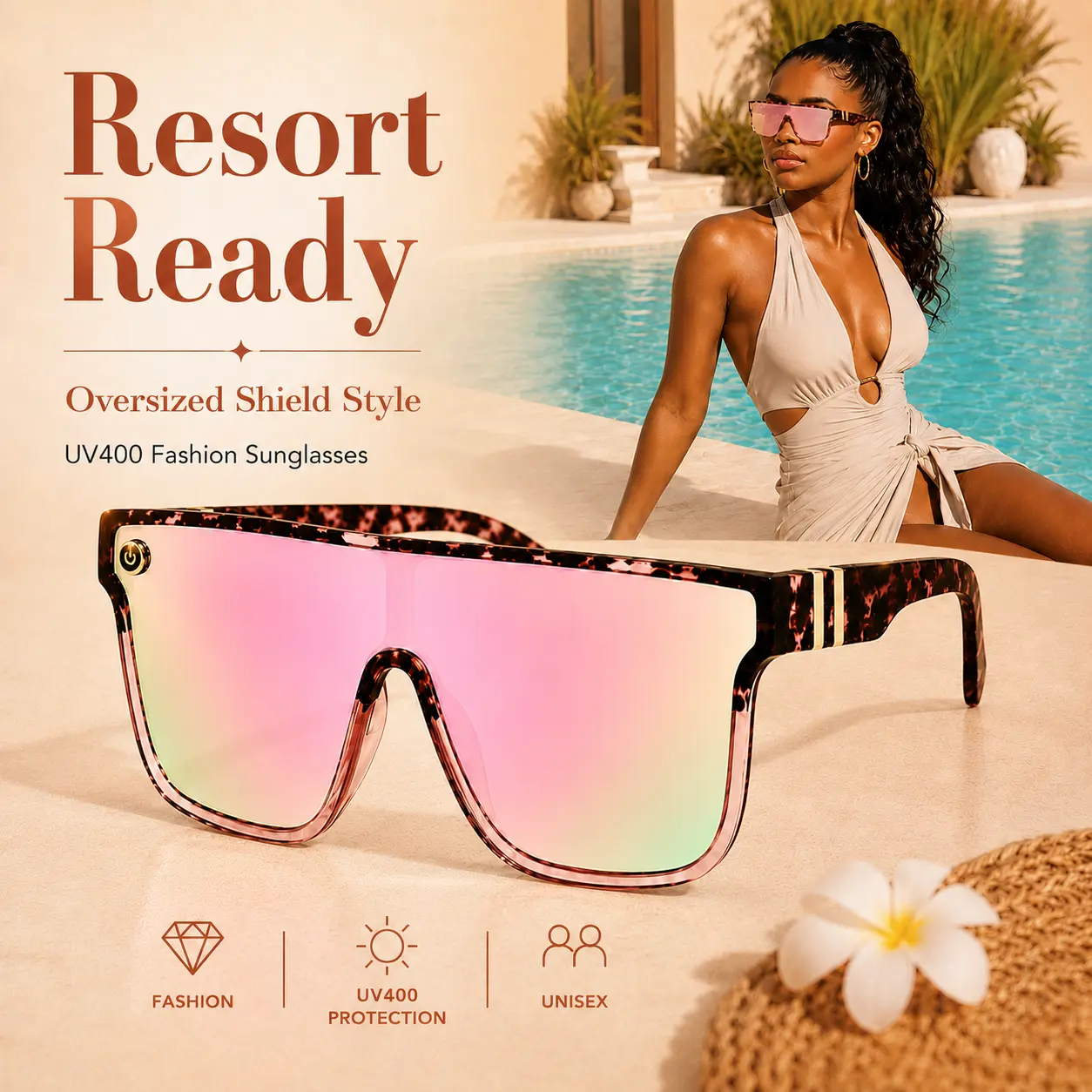 Oversized Shield Sunglasses, Stylish Accessories with a Rich Girl Wraparound Design, Unisex UV400 Tinted Lenses for Pool Parties and Beach