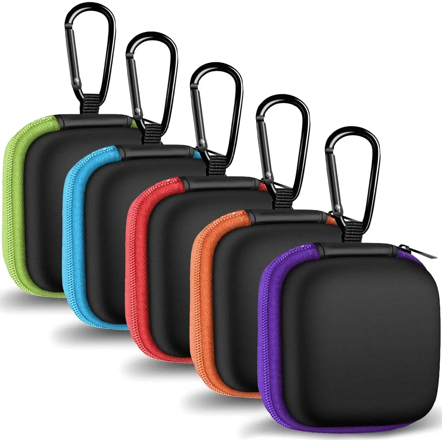 Z-PHP1 5-Pack Leather Zippered Velvet Square Earbud Cases with Steel Carabiner, Portable Size Universal Fit EVA Protection Bags for Headphones, SD Cards, Cell Phone Accessories (5 Colors), Audios, Secure