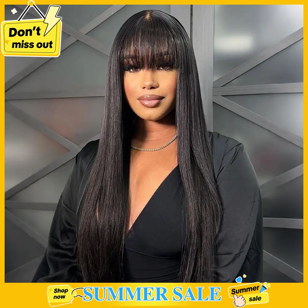 STERLY Glueless Human Hair Wig with Bangs 180% Density 2x4 lace Closure Wigs Middle Part Lace Wig Loose Body Wave Machine Made Wigs for Women Yaki Straight Front Wig Brazilian Hair Wigs HD Transparent Lace Wigs #tiktokshopsummersale