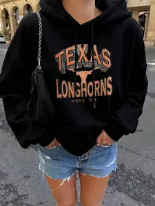 Unisex Texas Longhorn Graphic Print Sweatshirt Hoodie, Vintage Distressed Font, Casual Loose Fit, Fall & Winter Fashion, Women's Pullover