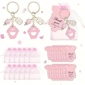 Shower Gift Souvenir Set - 60pcs Pink or Blue Footprint Keychain,  Tulle Gift Bag & Thank You Tag - For Baby Shower Parties   Gift for Guests