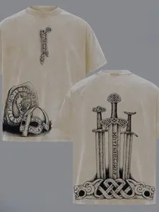 Thor Jormungandr Viking Rune Serpent T-shirt | Norse Mythology World Serpent Pattern, Retro Washed Nordic Street Style, Odin Symbol, Heavyweight Men'S Shirt, Casual Crew Neck, Summer Season