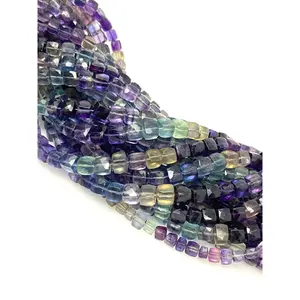 Natural Multi Fluorite Gemstone Beads, Jewelry Supplies, Wholesale Bulk Beads, 3D Cube Box Beads, 8” Strand