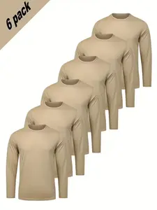 Men's 6-Piece Solid Long Sleeve Tight Fit Shirts, Quick-Dry Breathable Stretchy, Spring & Fall Casual Innerwear, Gym Training Daily Wear, Athletic Training Apparel, Quick Dry Activewear, Gym Athletic Clothes, Sports Tops, Workout Apparel